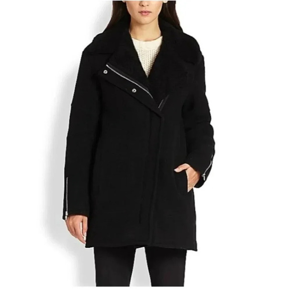 Theory Datyah Wool Shearling Lamb Coat Black Size Medium - Picture 1 of 15